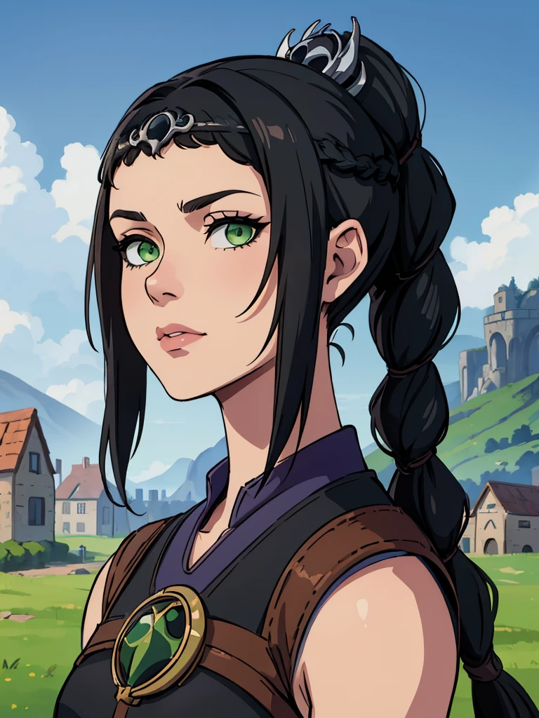 (masterpiece, best quality), 1girl, shadowheart, black hair, braided ponytail, green eyes, circlet, black pants, closeup, sketch, looking at viewer, ((green eyes)),(fantasy village on background),