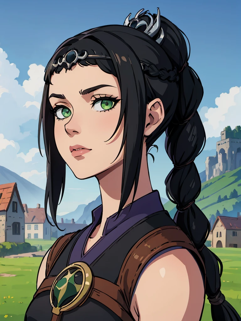 (masterpiece, best quality), 1girl, shadowheart, black hair, braided ponytail, green eyes, circlet, black pants, closeup, sketch, looking at viewer, ((green eyes)),(fantasy village on background),