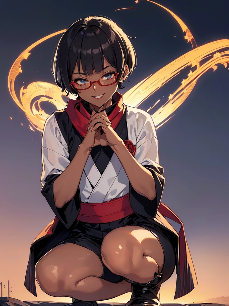 (flat chest:), (masterpiece:1.2), highest quality, High resolution, unity 8k wallpaper, (fine and beautiful eyes:1.6), highly detailed face, perfect lighting, Detailed CG, (perfect hands, perfect anatomy), (1 boy solo:1.4), 20 years old, black hair, extremely beautiful detailfeminine face and eyes, (evil smile:1.4), detailed eyes, best quality,( dark skin:1.8), (turtleneck shirt under yukata:1.2), (bike shorts:1.2), extremely detailed, very precise detailed, (glasses:1.3), blunt bangs, open mouth, (very short pixie cut:1.2), boots,fingerless gloves, smile, (half closed eyes:1.3), ,(on kawara roof),night sky, ,long sidelocks,(long red Scarf),(yukata),(squatting), ears,(acrobat pose:1.3),(squat:1.3),leaning forward,(one knee dwon:1.5),(Put one foot in front:1.3),(stylish pose:1.4),(Raise only index finger:1.1),(Joining hands:1.5),(retro artstyle:1.2), (1990s \(style\)),