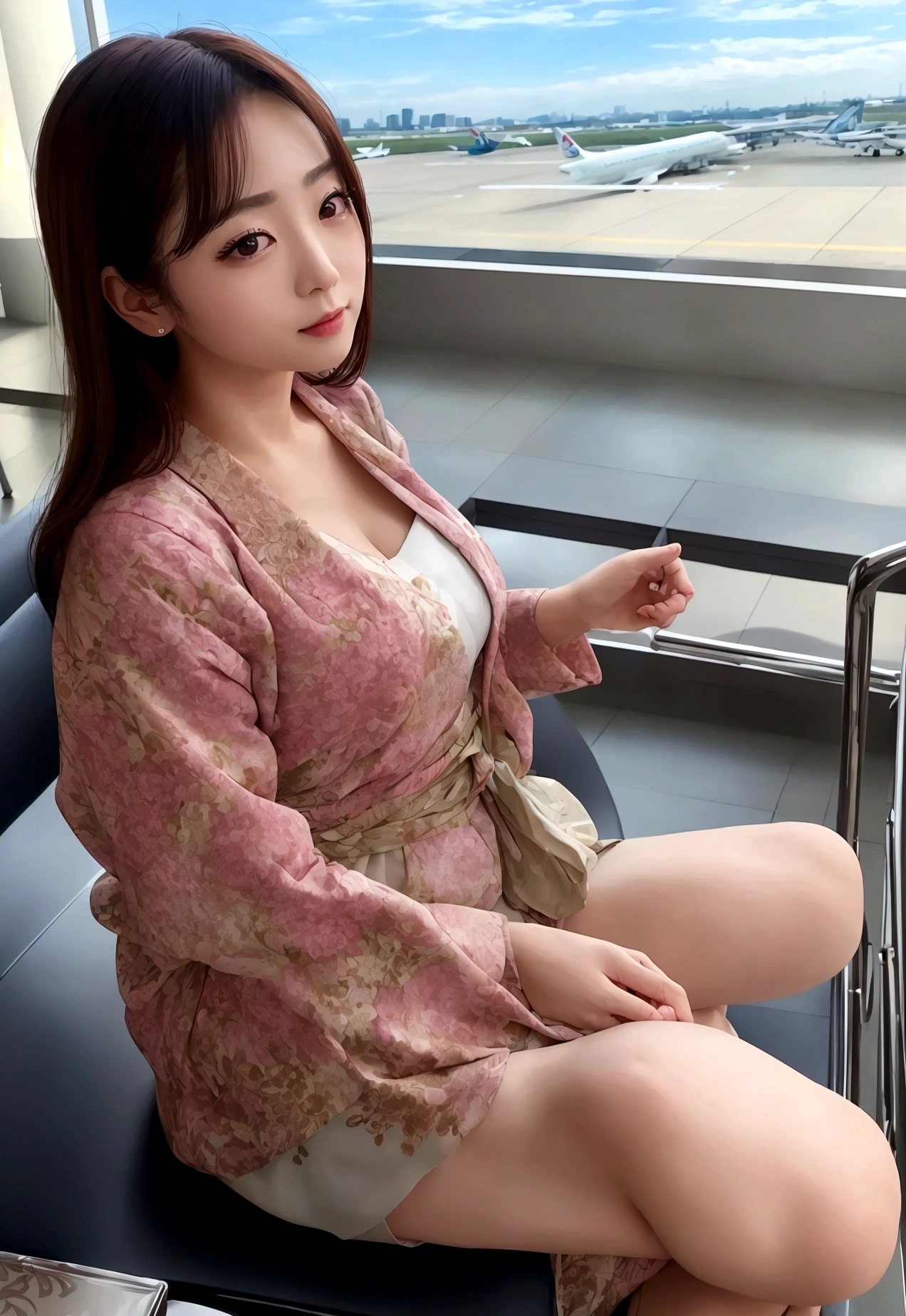 (Highest quality、8K、32k、masterpiece、Hmph:1.2)、Japanese actress waiting for a flight at the airport cafe terrace, Before you leave for your trip abroad,