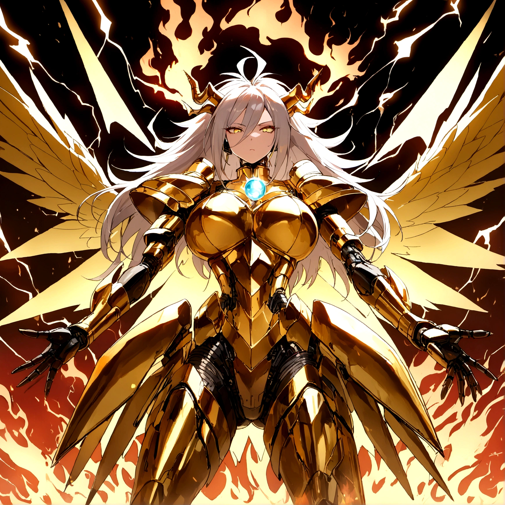 ((((Rasengan)))), ((Lightning Power)), ((Electricity)), ((Fire Background)), ((Lightning Storm)), ((Power Erupting)), ((((android 21)))), (((Evil Power))), (((white Coat))), (((Busty))), (((((Big breast:1,3)))), luxury bustier corset, (((silver hair))), (((Very slim waist))), propotional body, ((Gorgeous)), (((Fire Blazing Horns))), ((((gold wings))), masterpiece, hyperdetail, ambient effect, digital effect, (((Fire Gold Armor))), (((Lightning Gold Wings)))