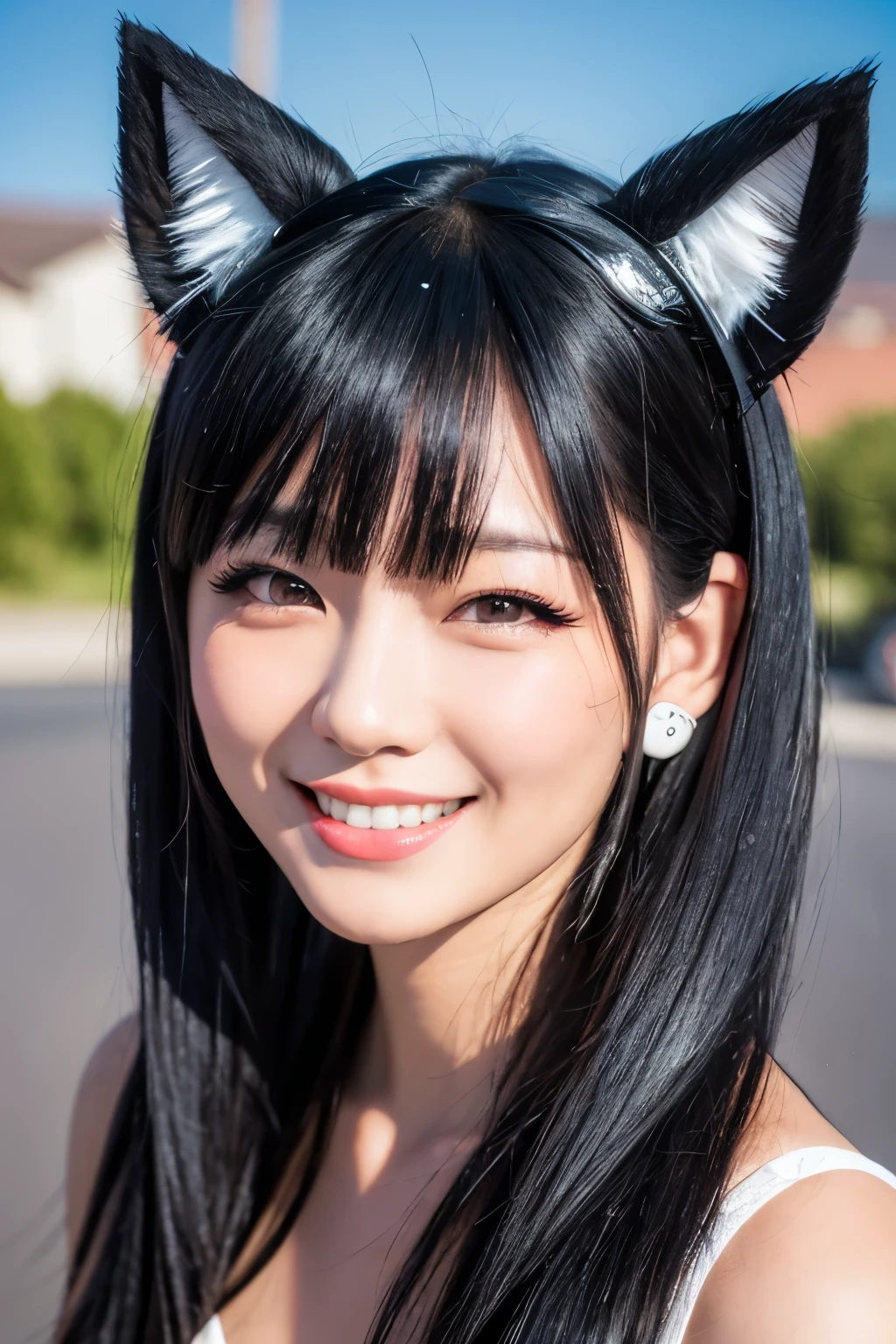 black hair, hair bobbles, wince, longeyelashes, solid circle eyes, fake animal ears, light smile, ear blush, fang, ccurate, Surrealism, drop shadow, anaglyph, stereogram, tachi-e, pov, atmospheric perspective, 8k, super detail, best quality