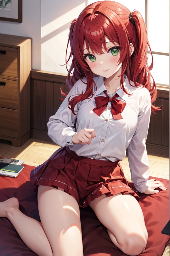 One girl、Red Hair、Green Eyes、Bloomers at school、Woman wearing maya at home、nsfw、