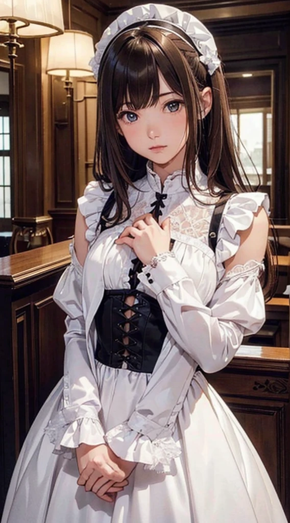 (One girl:1.3), Cinematic Light, alone, chest, lace-up bodice dress, 開いたchest,  silky long hair, (brown) hair, (masterpiece, Highest quality, Highest quality, Official Art, beautifully、aesthetic:1.3), Very detailed,Most detailed,(Super detailed),((Very delicate and beautiful)),Starry Sky,From below