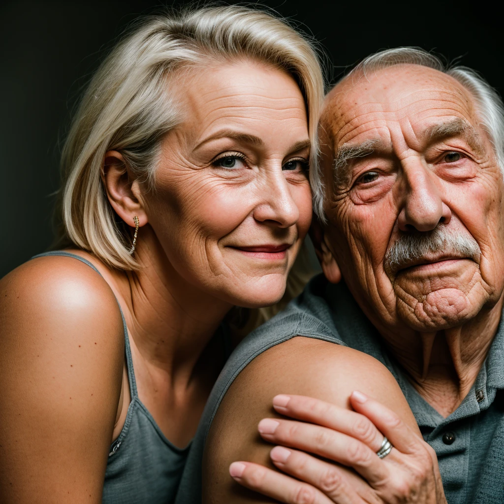 Image of 19 year old girl kissing 80 year old man, wrinkled, weathered, with piercing eyes, detailed face, high details, photography, dark studio, rim light, Nikon D850, 50mm, f/1.4