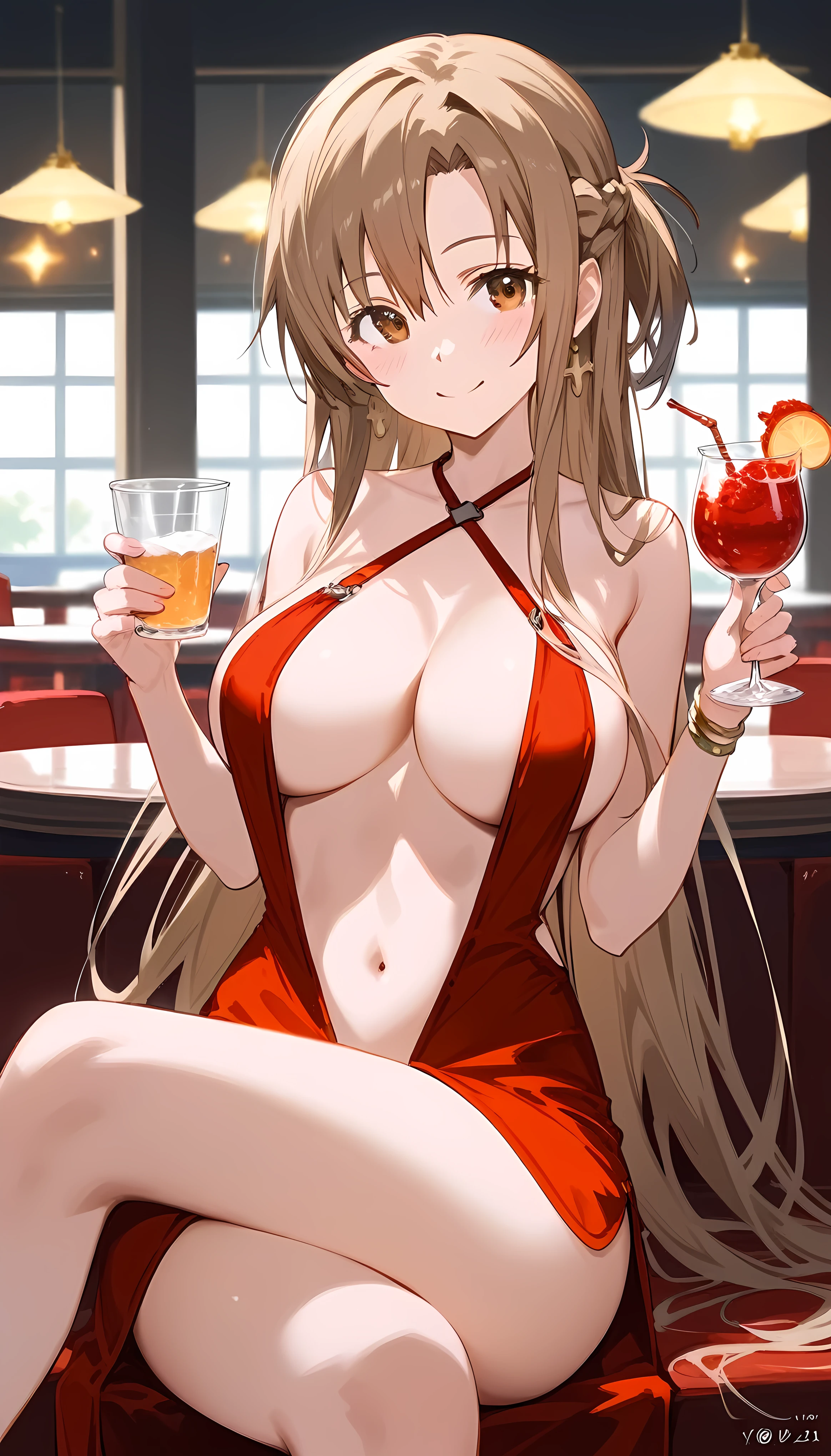 score_9,score_8_up,score_7_up,18 year old,1girl,asuna \(sao-alo\), sword art online,yuuki asuna,solo,nsfw,brown eyes, brown hair, long hair, bangs, braid,sitting,crossed legs, holding cup,seductive-smile,blush,large breasts,brown hair,parted hair,long hair,red dress,halter dress,plunging neckline,center opening,cleavage,navel,earrings,bracelet,restaurant,