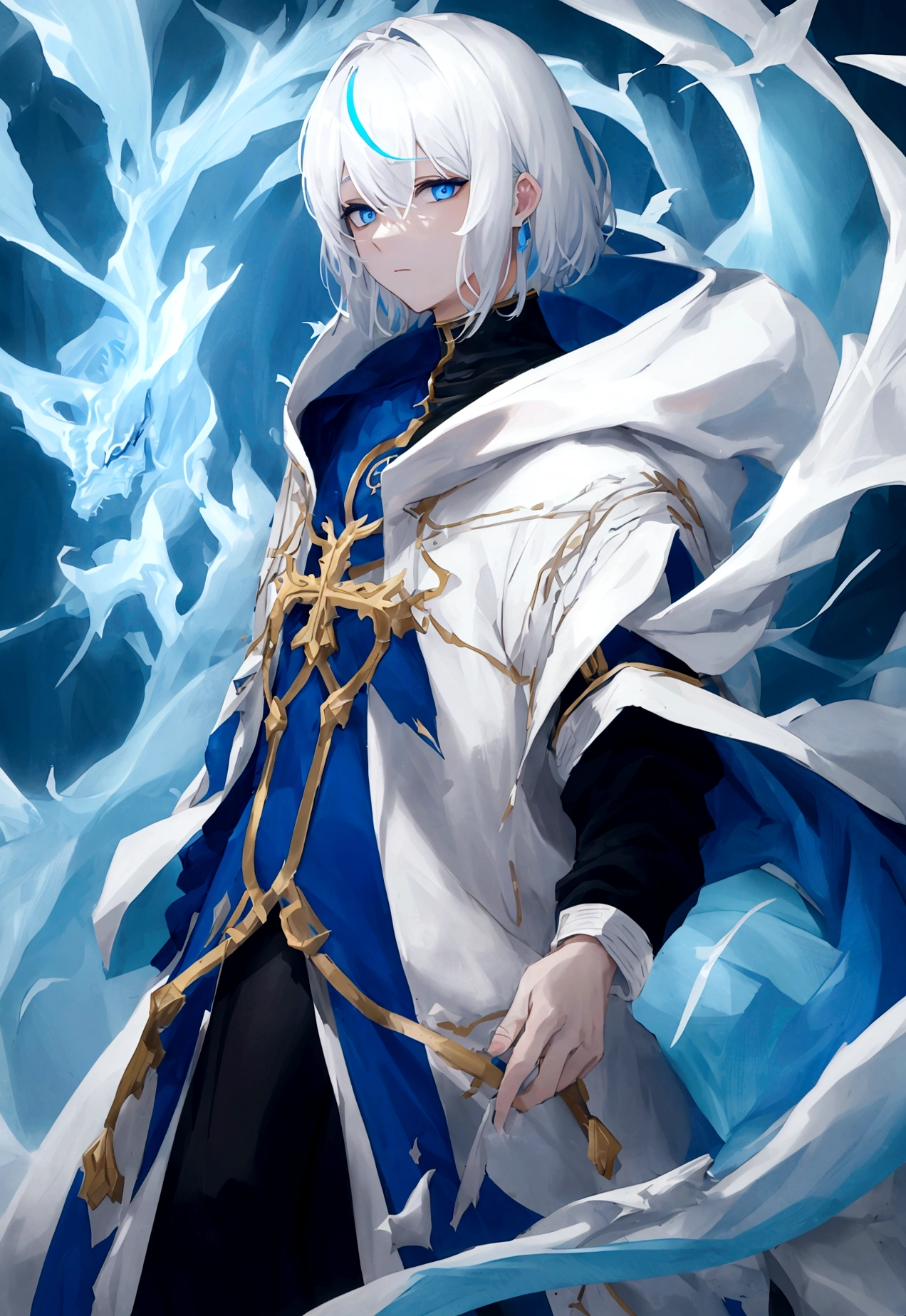 White hair, short hair, right eye blue, left eye golden, male, height 165cm, white shirt, blue hoodie, blue jeans, blue eyes white dragon in background