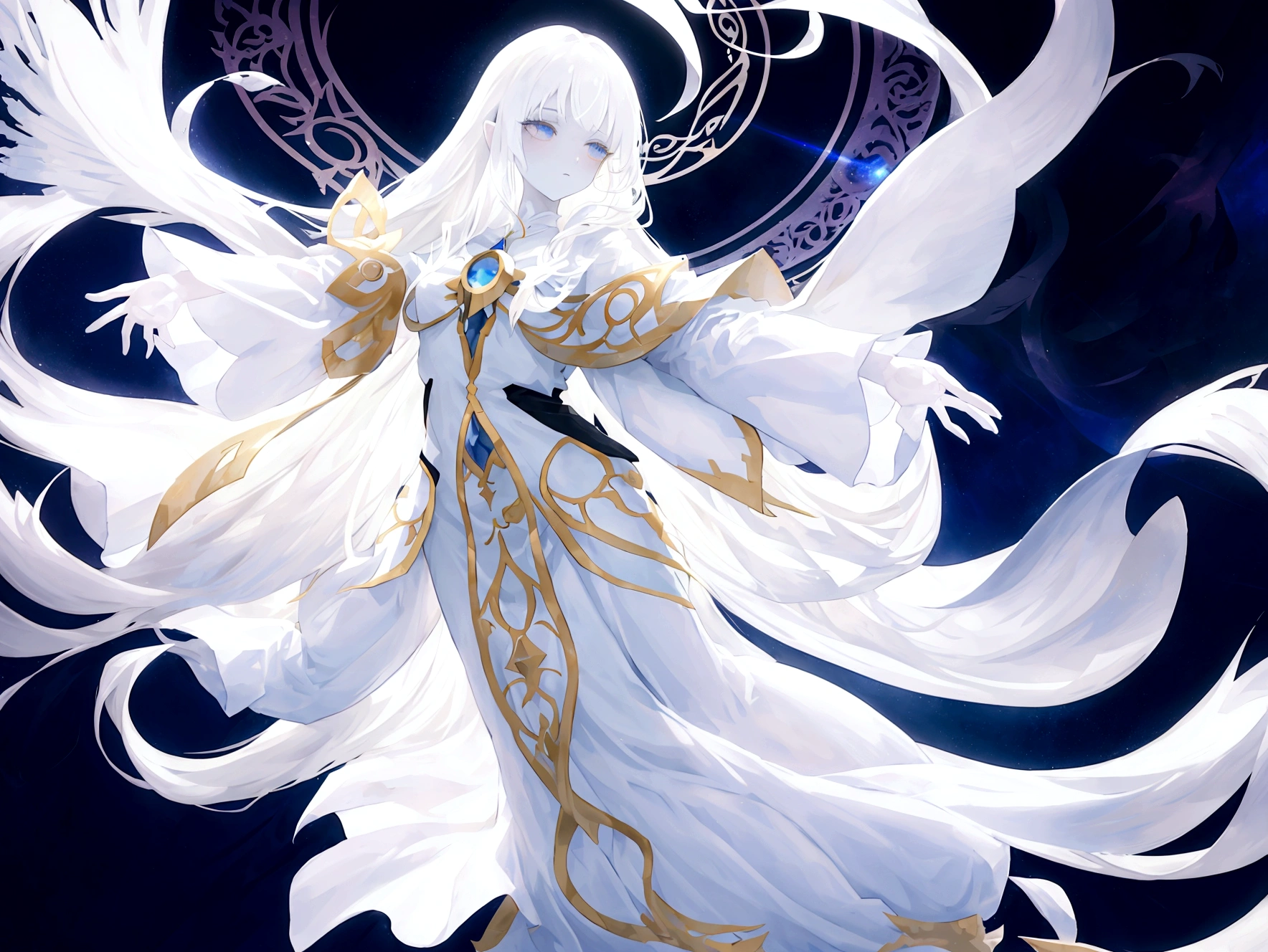 Character (hair bangs) (white long hair) (white pale skin) (mystical seer-style clothing) (character in dynamic pose) (perspective angle) (full body) (ethereal background) (celestial vibes)