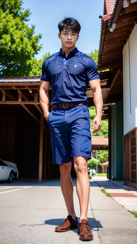 Masterpiece, best quality, High quality, วอลล์เปเปอร์ CG unity 8k ที่มีvery detailed, depth of field, HDR,,photorealistic,very detailed, 1 man sitting on a chair, Asia, black short hair, , (Thai , white shirt), blue cargo shorts, chest muscles, Big arm muscles, blood vessel, big muscles, Broad shoulders, looking at the audience, Balancing the eyes, (Make eye contact) (outside the building:1.3)