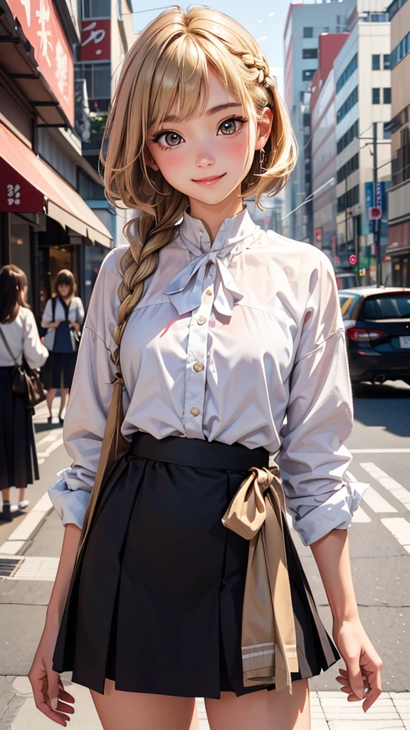 1 female,perfect 20 year old,smile:1.3,(Brown eyes),((8k,masterpiece,Perfect Anatomy)),Cowboy Shot,(Beautiful and exquisite face and eyes,gorgeous eyes:1.3), break ,Brown eyes, break ,Blonde:1.3,bangs, break ,smile,blush,Small breasts、break 、Tokyo street、((Background blur)),((白いワンピース))、french braid,Street Snap、
