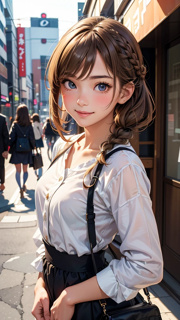 1 female,perfect 20 year old,smile:1.3,(Brown eyes),((8k,masterpiece,Perfect Anatomy)),Cowboy Shot,(Beautiful and exquisite face and eyes,gorgeous eyes:1.3), break ,Brown eyes, break ,Blonde:1.3,bangs, break ,smile,blush,Small breasts、break 、Tokyo street、((Background blur)),((白いワンピース))、french braid,Street Snap、