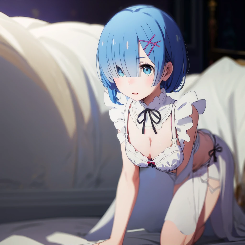 (Masterpiece, highest quality), 1 girl, face close-up, (from the front: 1.2), (on all fours: 1.2), (looking down: 1.2), nightgown, (bra: 1.2), breast gap, middle breasts, down blouse, Bra visible, bending forward, on bed, blue hair, medium breasts (C cup) - pale blue eyes, 8K, highest quality, masterpiece, ultra-definition, plump lips,