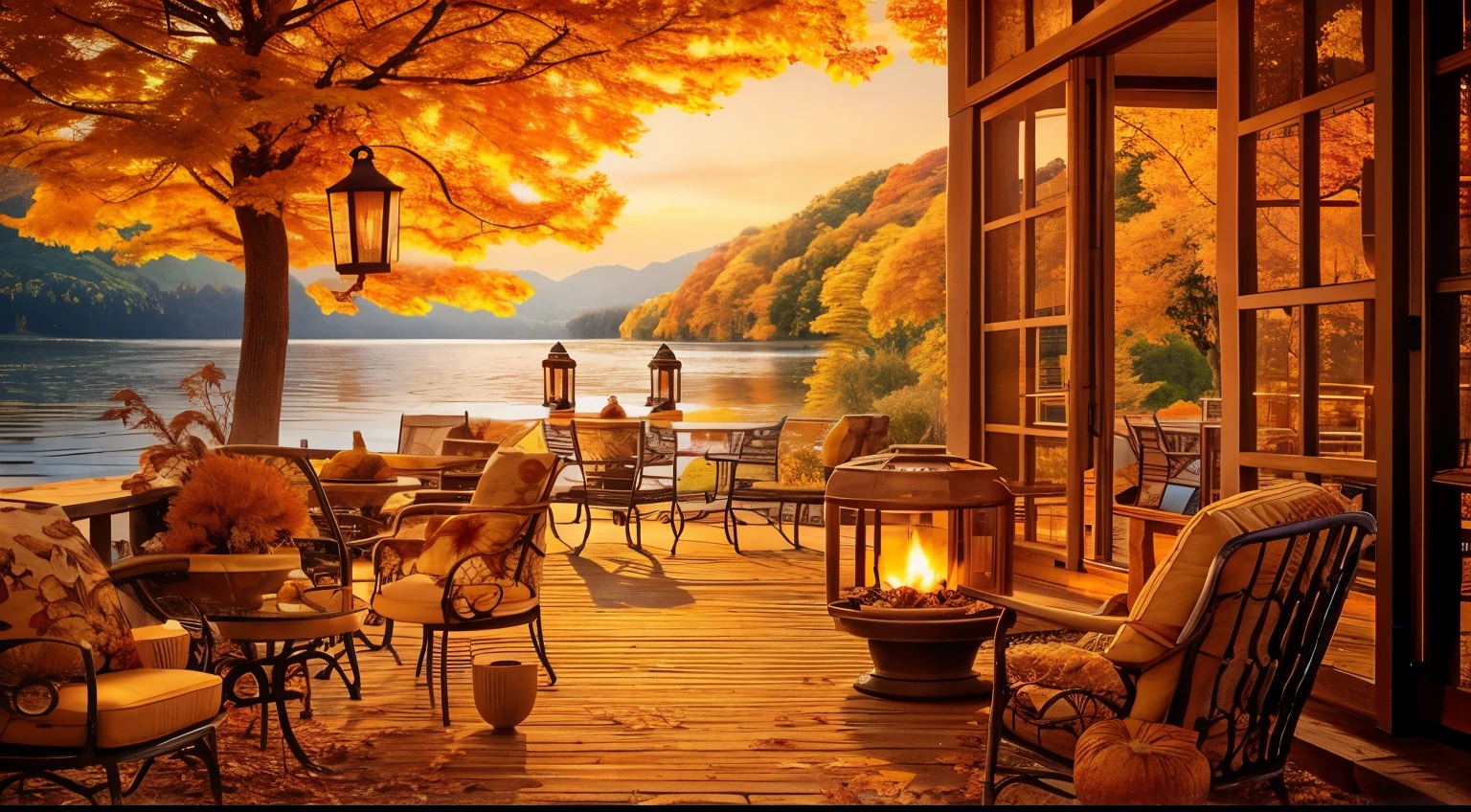 Close-up of a patio with chairs and table near a lake, ๆใใBeautiful views, During the fall, Beautifully detailed scenes, beautiful place, Autumn tranquility, At dusk in autumn, Wow that's beautiful, โค๐ฅ๐๐ช, Beautiful views, In a beautiful background, Beautiful nature in the background, Autumn season, golden hour time, Beautiful environment, Autumn sunset