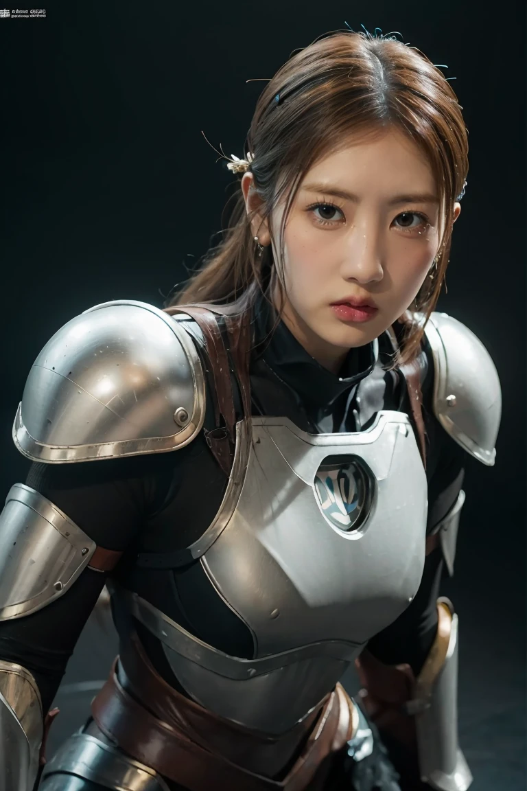 (masterpiece:1.2), best quality, 8k, ultra-detailed, photorealistic, high resolution, detailed portrait, 1girl, superman armor suit, intricate armor details, metallic textures, dynamic pose, heroic expression, cinematic lighting, dark background, dramatic colors
