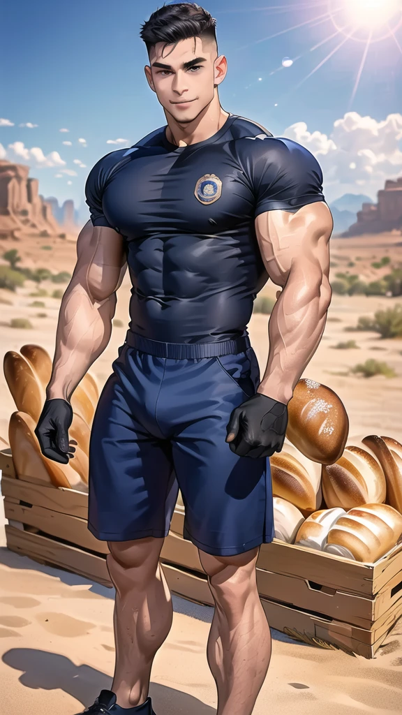 1 man,(Skinheads hairstyles) ,black eye,(Wear a fitted round neck t-shirt in navy with a police badge.:1.3),(fit neck),Navy blue jeans,(black_gloves), Korean guy,chest muscles,large arm muscles,blood vessel,Big muscles,Broad shoulders, smile, middle of the road,(In the desert:1.2),(full_shot:1.6),(In the bread shop:1.2),