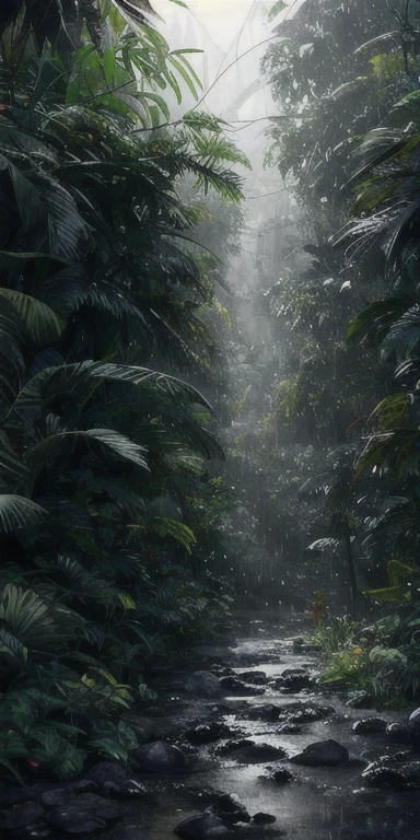 jungle, heavy rain falls, monochromatic, There are vines growing all around, huge wet tree々, masterpiece, 最high quality, high quality, Very detailed CG unity 8k wallpaper, oil, Award-winning photography, Bokeh, Depth of written boundary, High resolution, bloom, chromatic aberration ,Realistic,Very detailed, artステーションでトレンド, Trending on CGSociety, complicated, High detail, dramatic, art:Mid Journey, Volumetric lighting