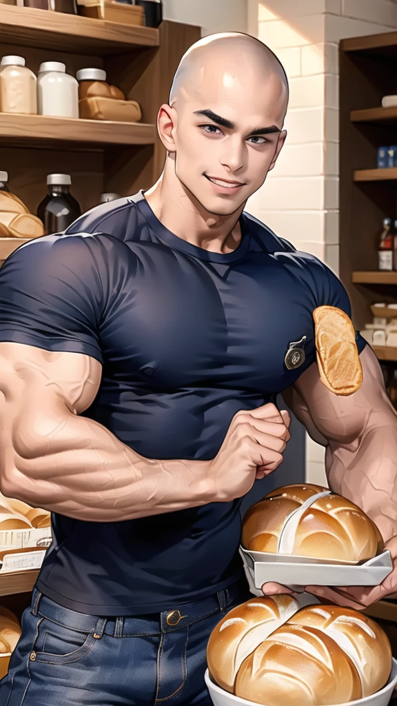 1 man,(Skinheads hairstyles) ,black eye,(Wear a fitted round neck t-shirt in navy with a police badge.:1.3),(fit neck),Navy blue jeans,(black_gloves), Korean guy,chest muscles,large arm muscles,blood vessel,Big muscles,Broad shoulders, smile, middle of the road,(In the desert:1.2),(full_shot:1.6),(In the bread shop:1.2),