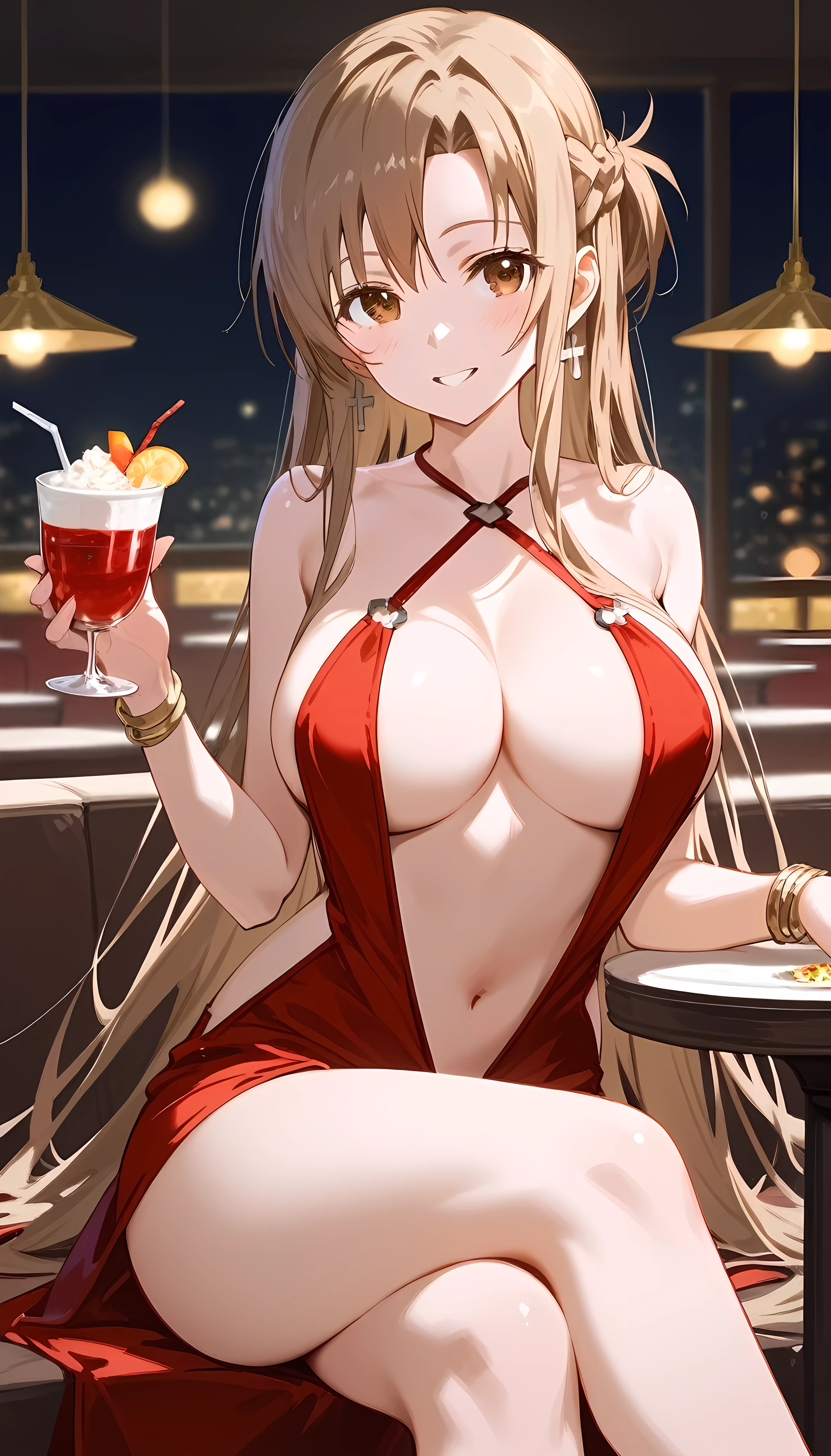 score_9,score_8_up,score_7_up,18 year old,1girl,asuna \(sao-alo\), sword art online,yuuki asuna,solo,nsfw,brown eyes, brown hair, long hair, bangs, braid,sitting,crossed legs, holding cup,seductive-smile,blush,large breasts,brown hair,parted hair,long hair,red dress,halter dress,plunging neckline,center opening,cleavage,navel,earrings,bracelet,restaurant,