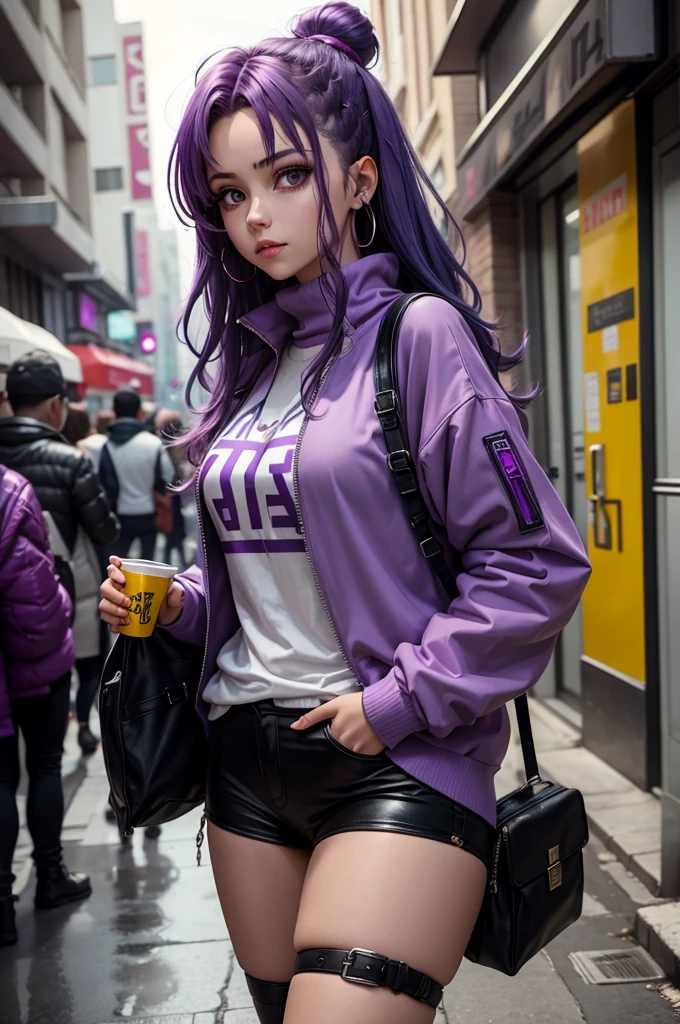 girl in cyberpunk style, with purple hair,anime and cyberpunk style,very beautiful,нарисованная девушка with purple hair в стиле киберпанк,dressed in purple clothes and has it written on her sweater "Hogyx"