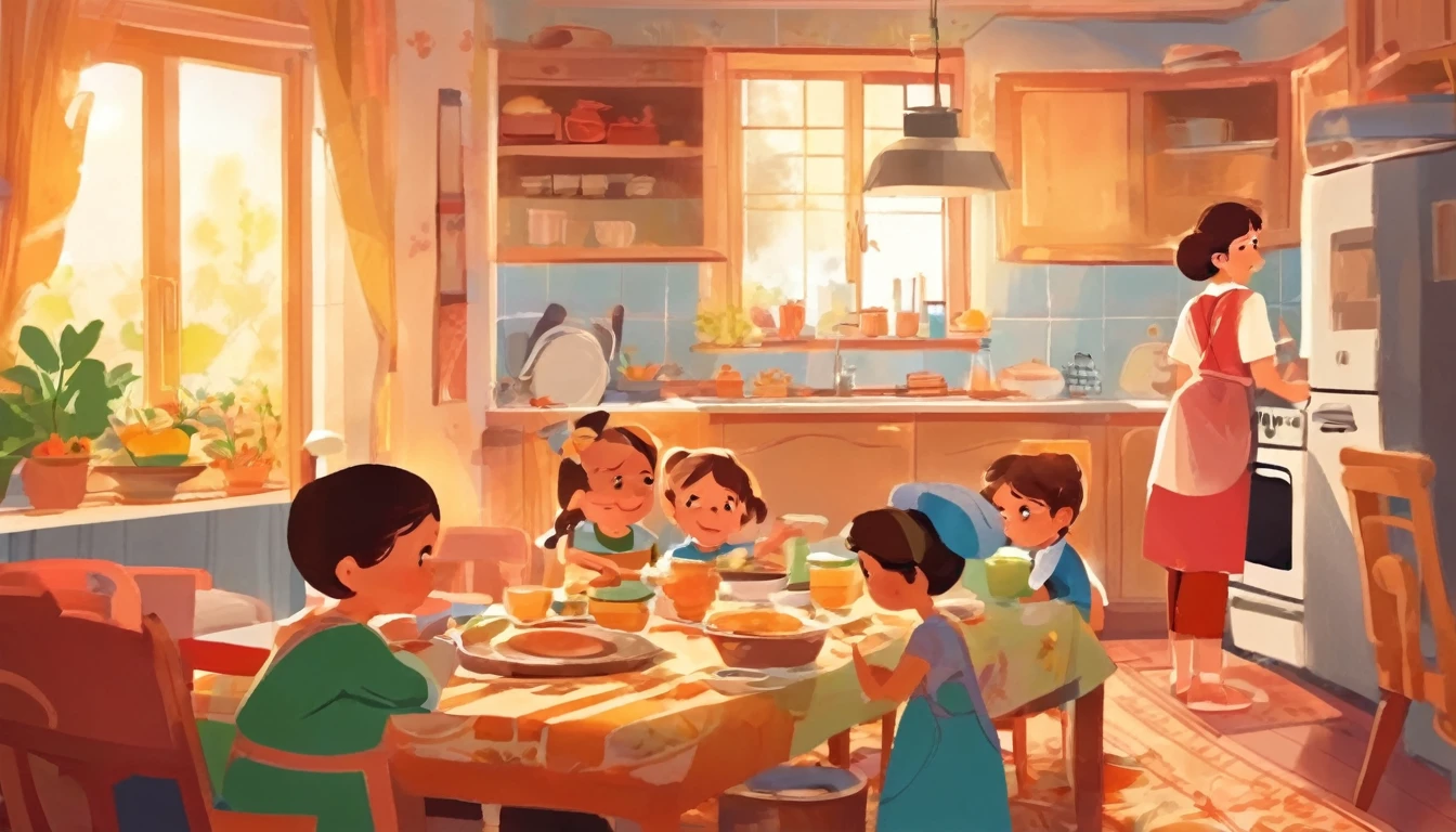 Scene in the living room,A child watching TV on the sofa,A child is helping his mother cook in the kitchen,Guests at home waiting for food to be served at the dining table