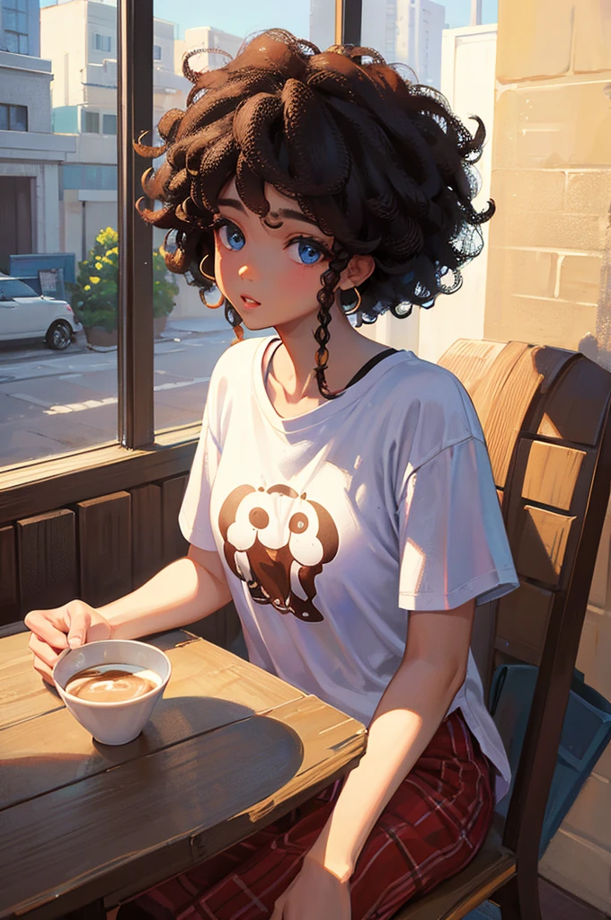 afro hair、８K, Highest quality, masterpiece, Ultra-detailed、Afro Hair、afro hair、Brown Hair、full lips、Blue Eyes、１８Year-old beauty、Portrait、Coffee shop、stare、T-Shirts、