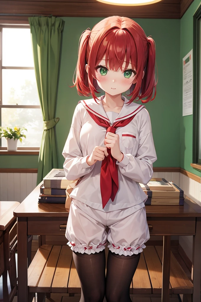 One girl、Red Hair、Green Eyes、Bloomers at school、Woman wearing maya at home、nsfw、