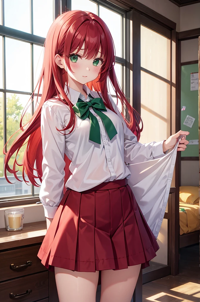 One girl、Red Hair、Green Eyes、Bloomers at school、Woman wearing maya at home、nsfw、