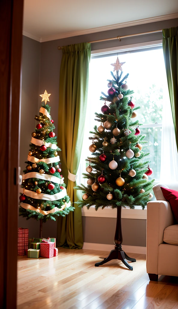 There is a photo of a Christmas tree in the living room, Floor-to-ceiling windows,Matte inspired by Ernest William Christmas, shutter, Surrealism, hyperRealistic CGI, Realistic CGI render, Realistic CGI, 8k ultra realstic, Light Snow, It's snowing outside, Surrealism, Rendering, 虚幻引擎的真实感Rendering, Amazing CGI, 超现实视觉特效Rendering