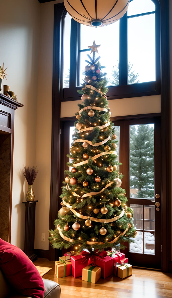 There is a photo of a Christmas tree in the living room, Floor-to-ceiling windows,Matte inspired by Ernest William Christmas, shutter, Surrealism, hyperRealistic CGI, Realistic CGI render, Realistic CGI, 8k ultra realstic, Light Snow, It's snowing outside, Surrealism, Rendering, 虚幻引擎的真实感Rendering, Amazing CGI, 超现实视觉特效Rendering