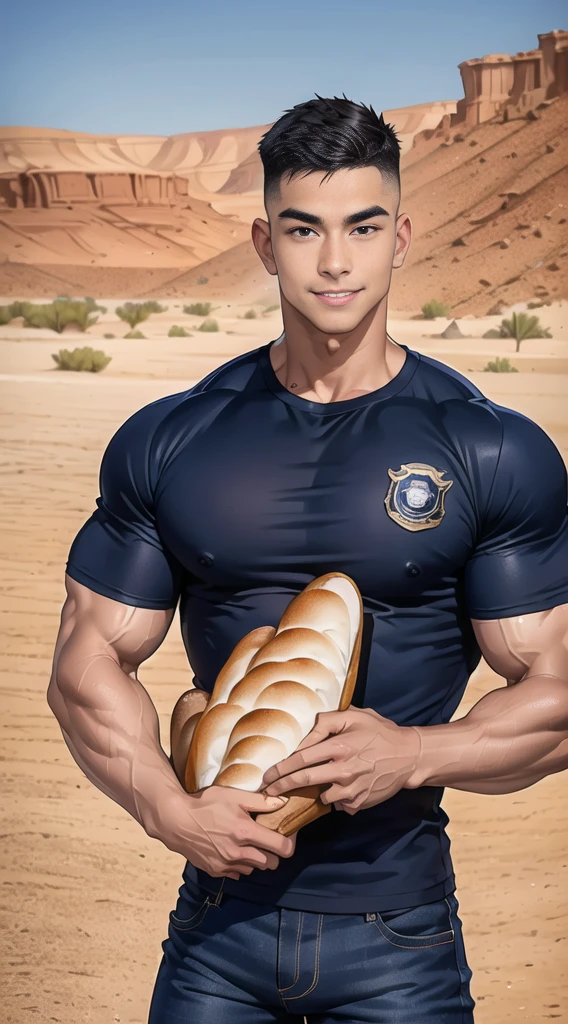 1 man,(Skinheads hairstyles) ,black eye,(Wear a fitted round neck t-shirt in navy with a police badge.:1.3),(fit neck),Navy blue jeans,(black_gloves), Korean guy,chest muscles,large arm muscles,blood vessel,Big muscles,Broad shoulders, smile, middle of the road,(In the desert:1.2),(full_shot:1.6),(In the bread shop:1.2),