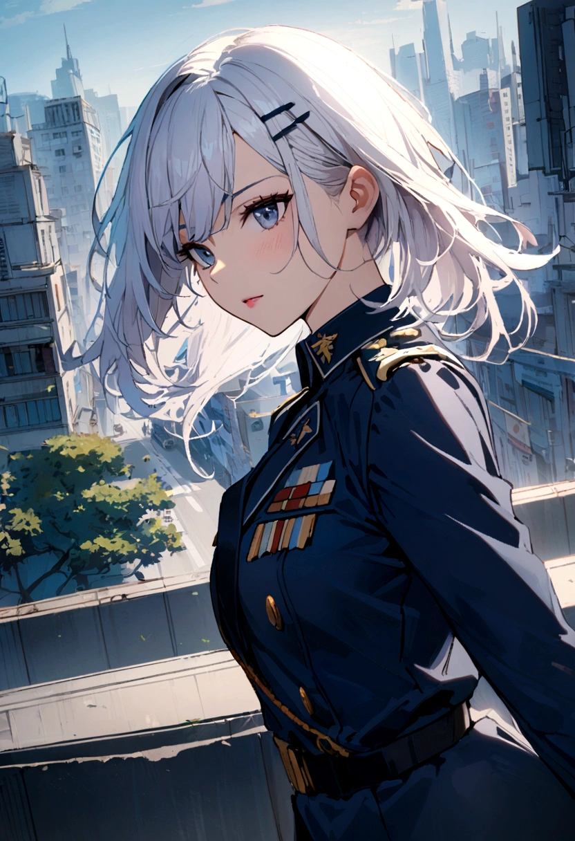 1girl, dark blue military uniform, white hair, hairclip, city background,