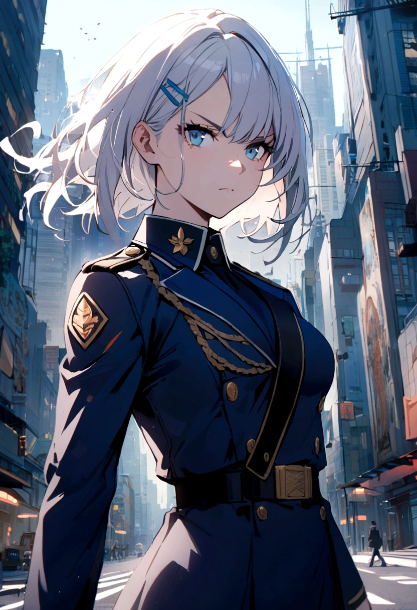 1girl, dark blue military uniform, white hair, hairclip, city background,