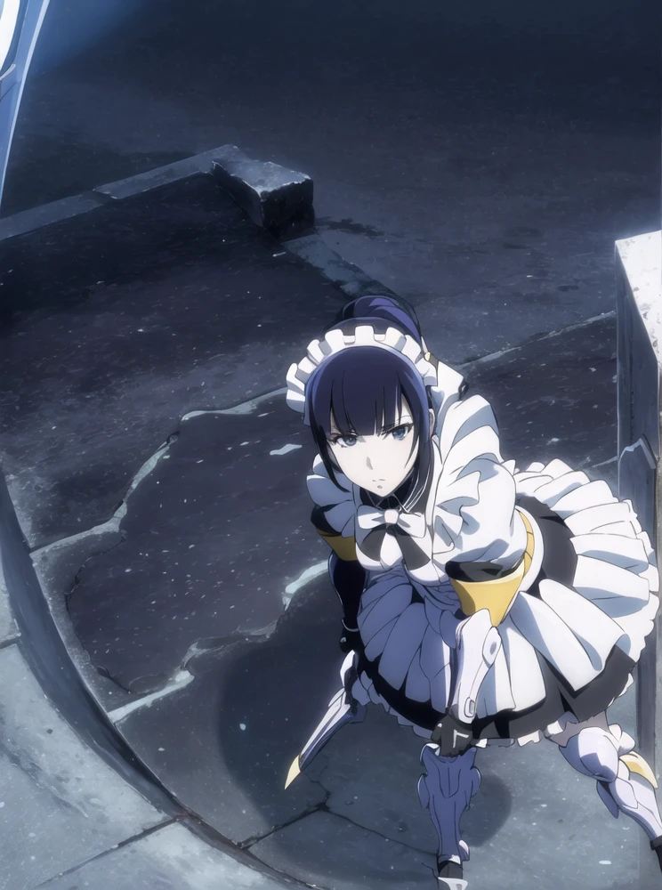 (((picture perfect))), (absurdres), 1girl, solo, narberal gamma, maid, armor, gloves, maid headdress, looking at viewer, expressionless