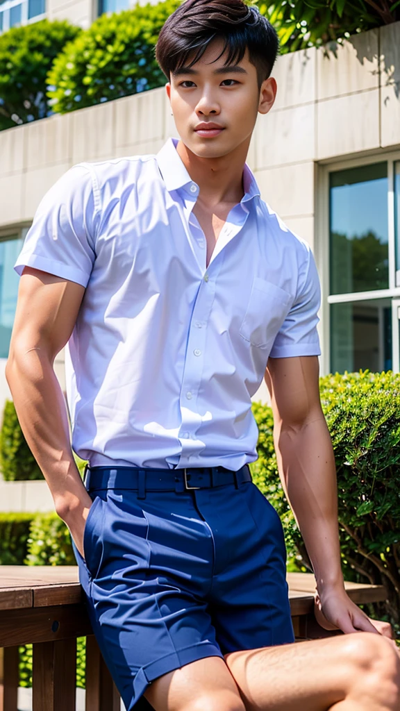 Masterpiece, best quality, High quality, วอลล์เปเปอร์ CG unity 8k ที่มีvery detailed, depth of field, HDR,,photorealistic,very detailed, 1 man sitting on a chair, Asia, black short hair, , (Thai , white shirt), blue cargo shorts, chest muscles, Big arm muscles, blood vessel, big muscles, Broad shoulders, looking at the audience, Balancing the eyes, (Make eye contact) (outside the building:1.3)