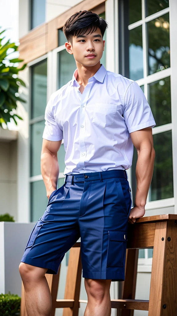 Masterpiece, best quality, High quality, วอลล์เปเปอร์ CG unity 8k ที่มีvery detailed, depth of field, HDR,,photorealistic,very detailed, 1 man sitting on a chair, Asia, black short hair, , (Thai , white shirt), blue cargo shorts, chest muscles, Big arm muscles, blood vessel, big muscles, Broad shoulders, looking at the audience, Balancing the eyes, (Make eye contact) (outside the building:1.3)