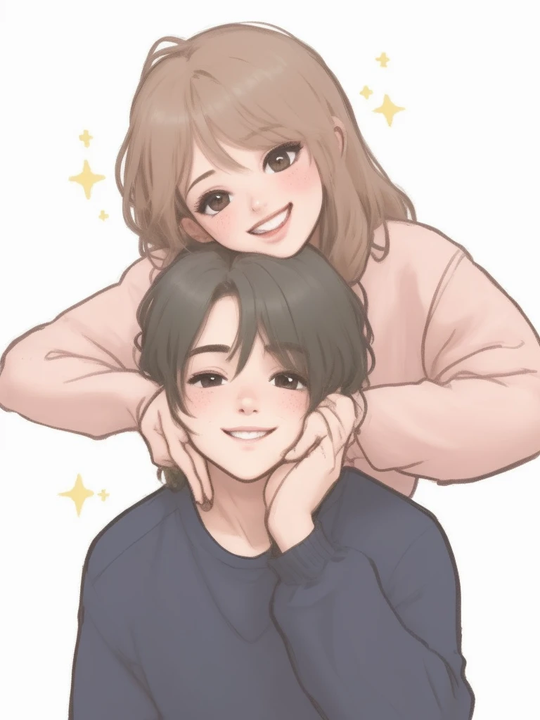 (best quality), big head, 1 beauty girl and 1 handsome men , the Girl Touching his boyfriend cheek , They're Happy , Casual, Warming, Happiness, Love, Couples Goals, Love Each Other, Uhd