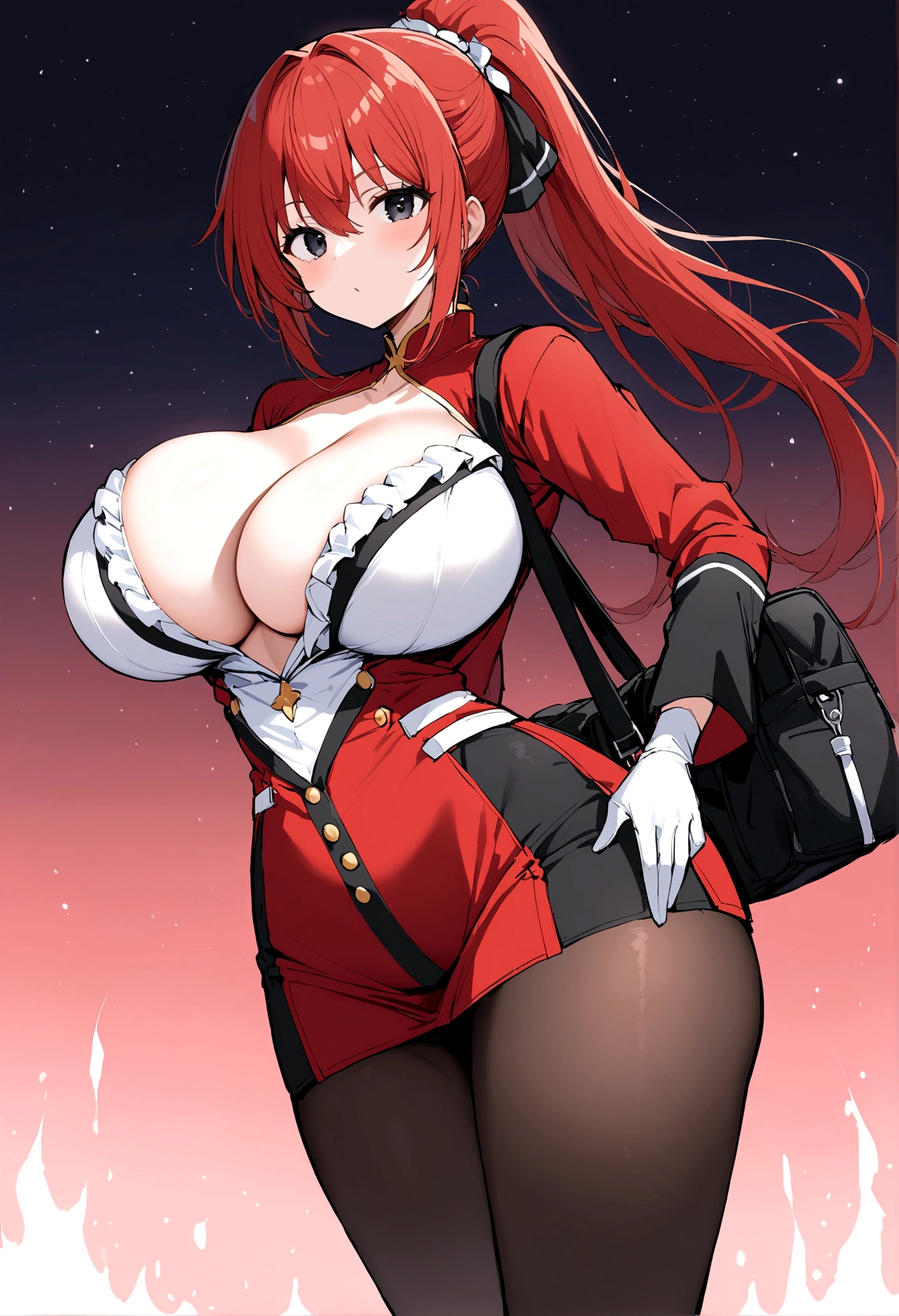 My name is Hikaru, I am a white test woman with long red hair and black eyes. I am 1.60cm tall and weigh 46kg. My breast sizes are 300 cm, my waist is 60 cm and my hips are 200 cm. Dressed in a tight, low-cut red dress with her hair tied in a ponytail and a black bag.. With big breasts 300 cm