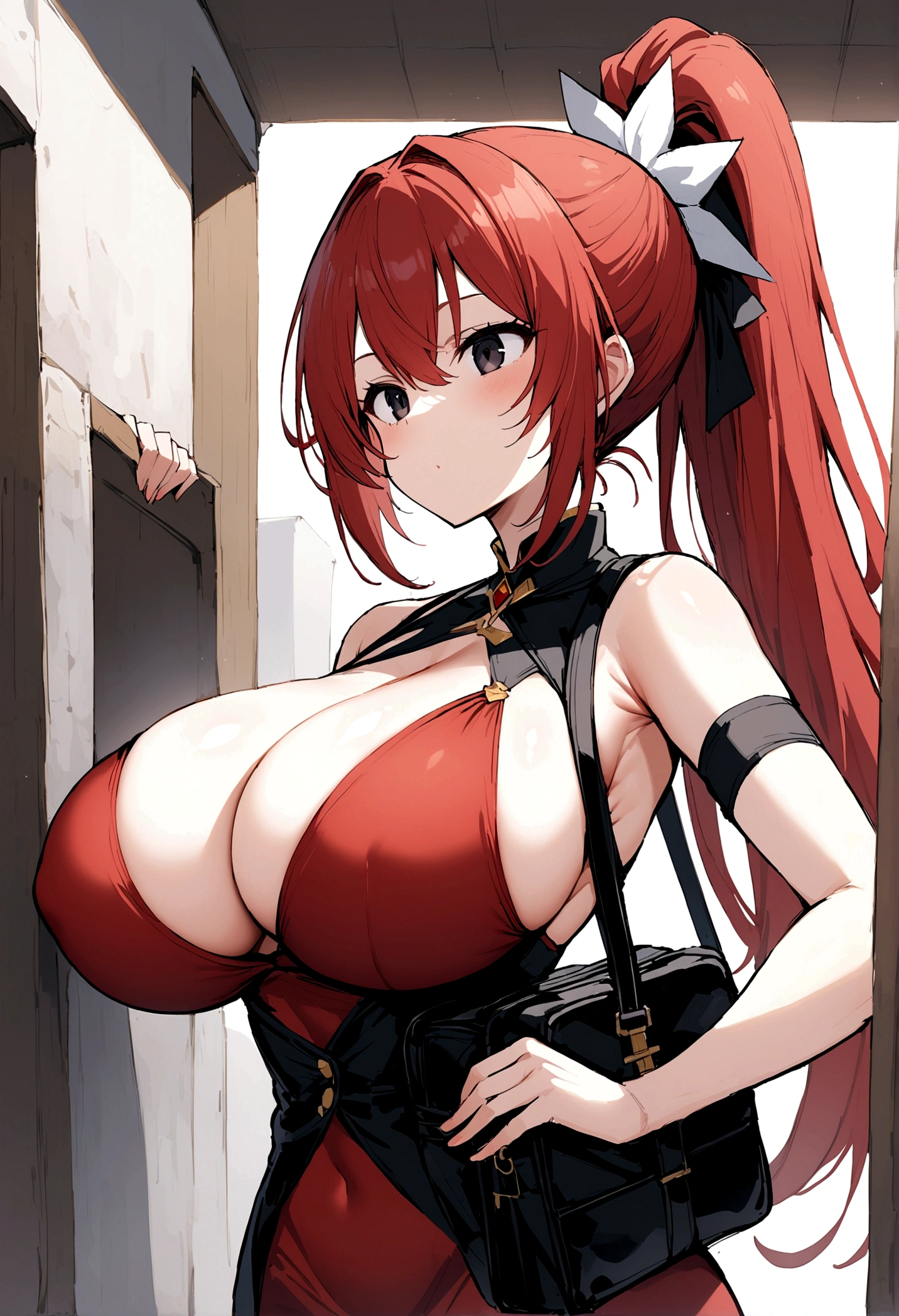 My name is Hikaru, I am a white test woman with long red hair and black eyes. I am 1.60cm tall and weigh 46kg. My breast sizes are 300 cm, my waist is 60 cm and my hips are 200 cm. Dressed in a tight, low-cut red dress with her hair tied in a ponytail and a black bag.. With big breasts 300 cm