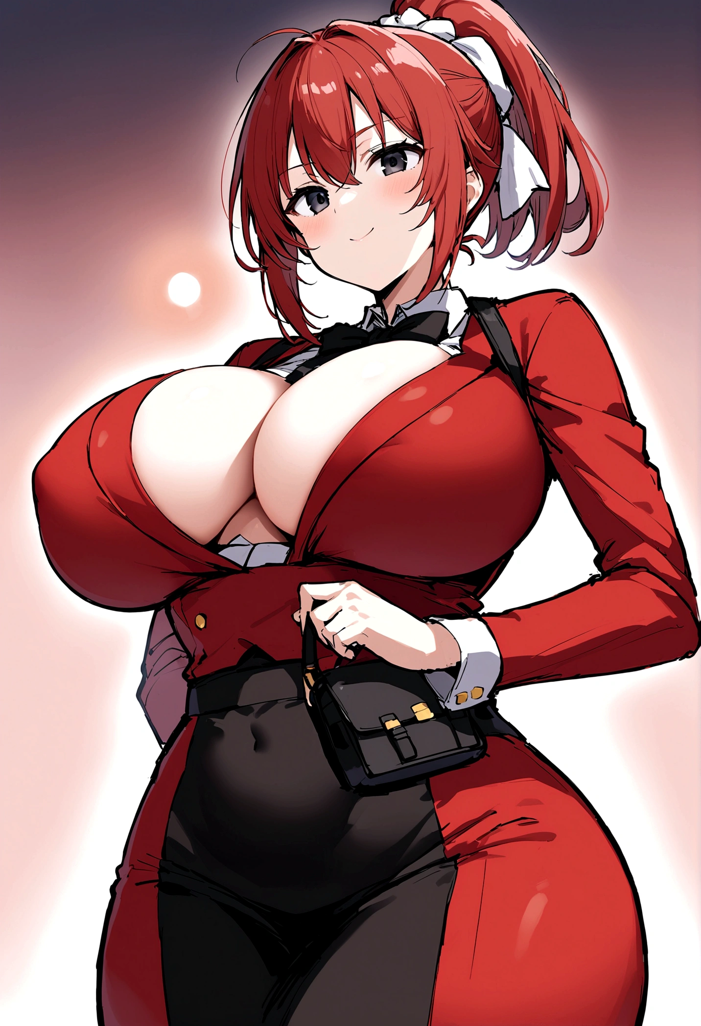 My name is Hikaru, I am a white test woman with long red hair and black eyes. I am 1.60cm tall and weigh 46kg. My breast sizes are 300 cm, my waist is 60 cm and my hips are 200 cm. Dressed in a tight, low-cut red dress with her hair tied in a ponytail and a black bag.. With big breasts 300 cm