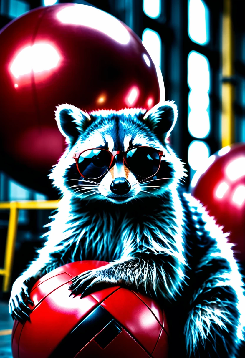 a photorealistic raccoon wearing black sunglasses casually leaning on a large red ball in an industrial hall, detailed facial features, intricate fur textures, dramatic lighting, highly detailed background, cinematic composition