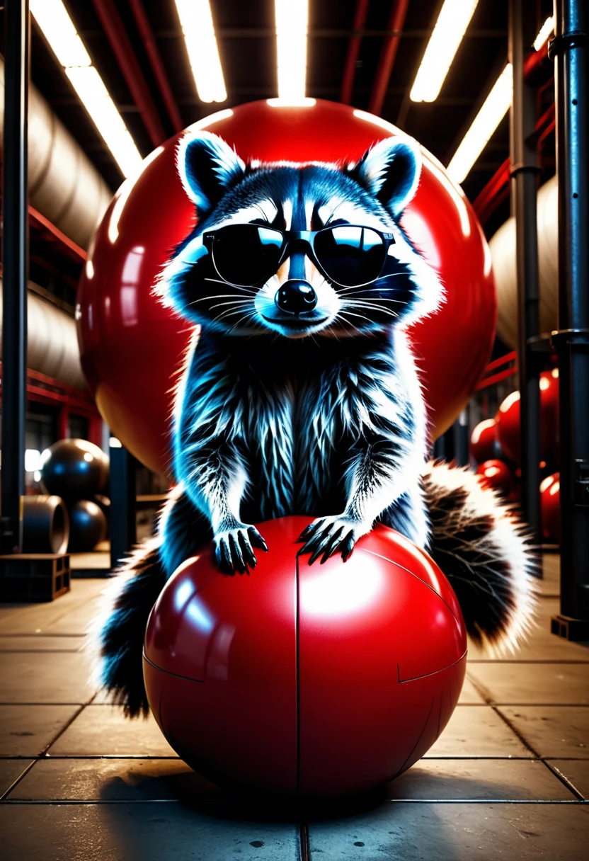 a photorealistic raccoon wearing black sunglasses casually leaning on a large red ball in an industrial hall, detailed facial features, intricate fur textures, dramatic lighting, highly detailed background, cinematic composition