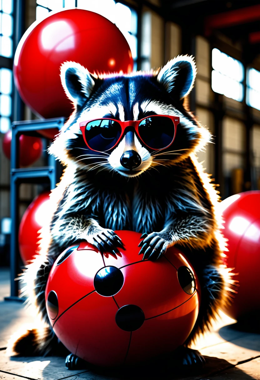 a photorealistic raccoon wearing black sunglasses casually leaning on a large red ball in an industrial hall, detailed facial features, intricate fur textures, dramatic lighting, highly detailed background, cinematic composition