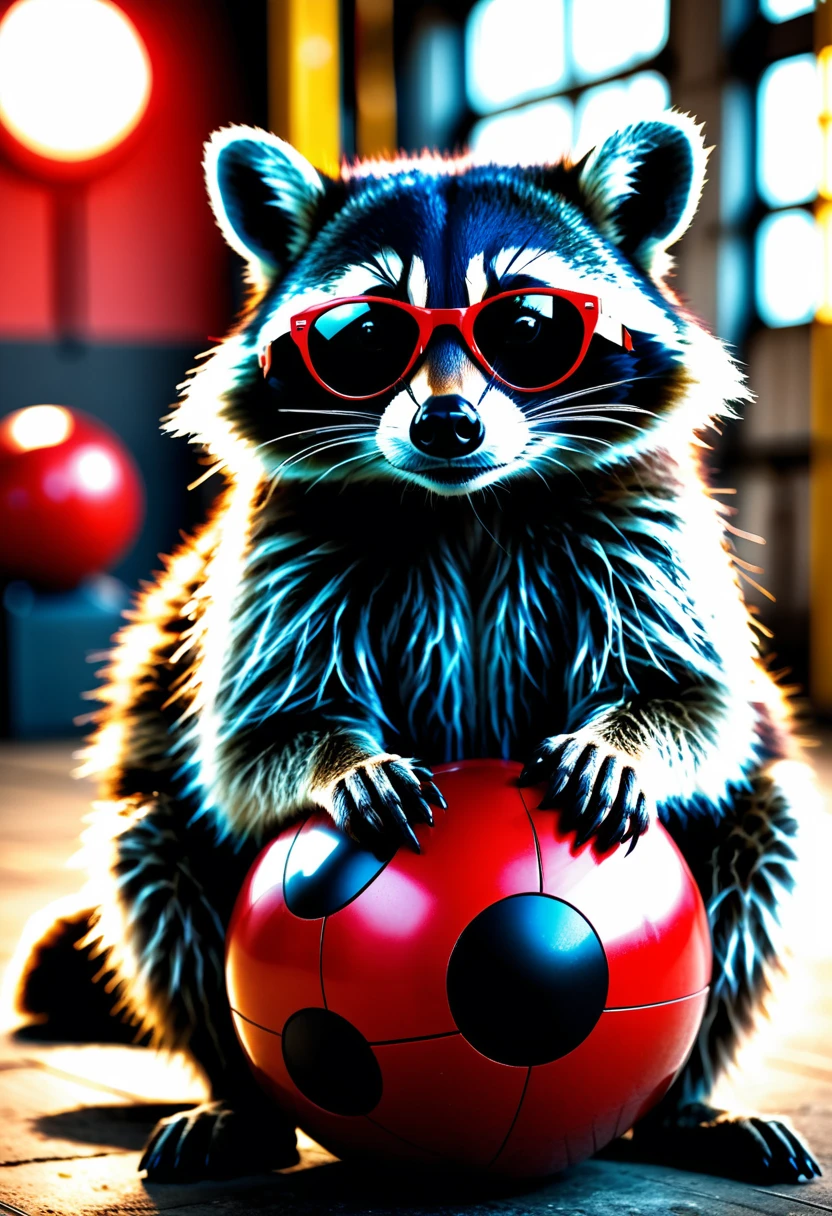 a photorealistic raccoon wearing black sunglasses casually leaning on a large red ball in an industrial hall, detailed facial features, intricate fur textures, dramatic lighting, highly detailed background, cinematic composition