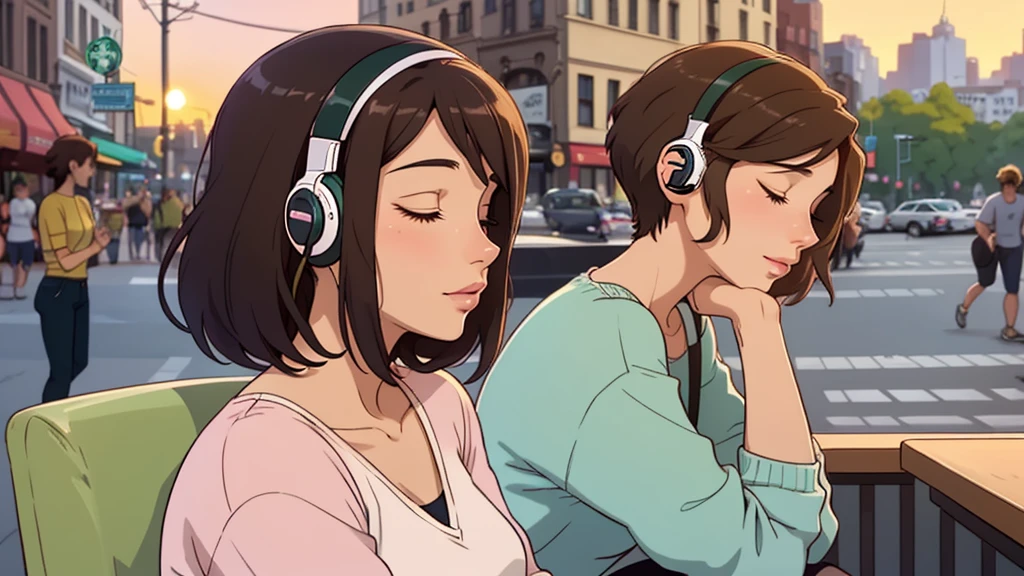 A beautiful woman in her 30s with dark hair is sitting on a cafe terrace with headphones on. Look down, close your eyes, Lo-fi Girl, Be alone in your room, relaxed mood, comfortable, Only 5 fingers, new york, Starbucks, colorful, Well-proportioned face,Anime boy sitting on the shelf and playing guitar at sunset,