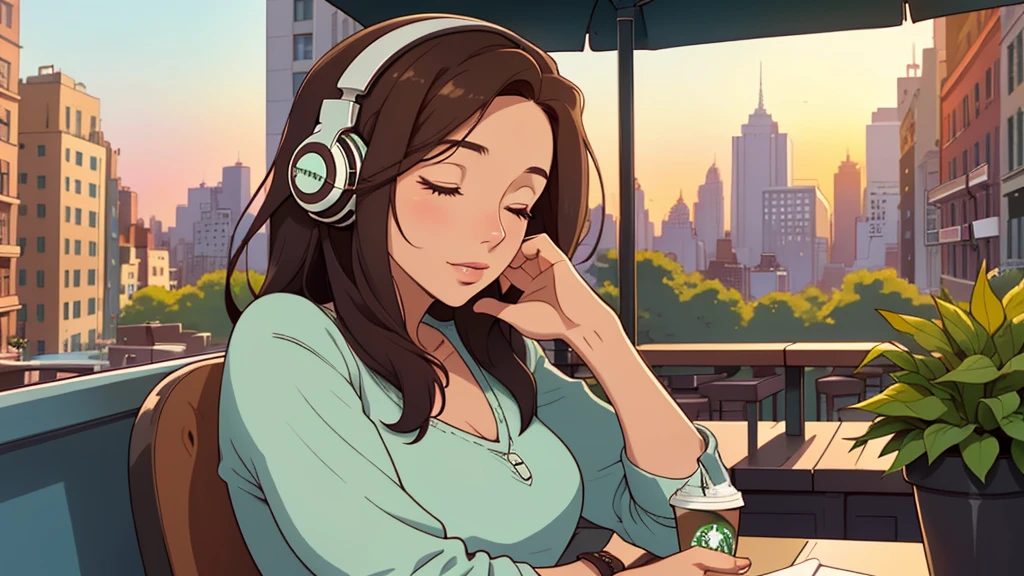 A beautiful woman in her 30s with dark hair is sitting on a cafe terrace with headphones on. Look down, close your eyes, Lo-fi Girl, Be alone in your room, relaxed mood, comfortable, Only 5 fingers, new york, Starbucks, colorful, Well-proportioned face,Anime boy sitting on the shelf and playing guitar at sunset,