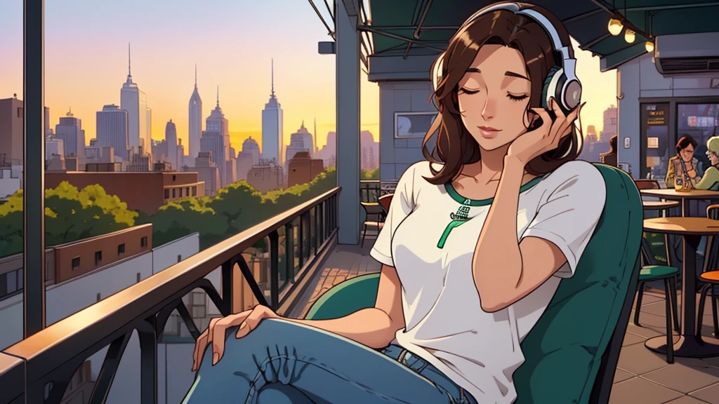 A beautiful woman in her 30s with dark hair is sitting on a cafe terrace with headphones on. Look down, close your eyes, Lo-fi Girl, Be alone in your room, relaxed mood, comfortable, Only 5 fingers, new york, Starbucks, colorful, Well-proportioned face,Anime boy sitting on the shelf and playing guitar at sunset,