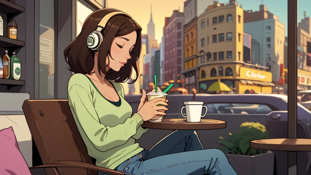 A beautiful woman in her 30s with dark hair is sitting on a cafe terrace with headphones on. Look down, close your eyes, Lo-fi Girl, Be alone in your room, relaxed mood, comfortable, Only 5 fingers, new york, Starbucks, colorful, Well-proportioned face,Anime boy sitting on the shelf and playing guitar at sunset,