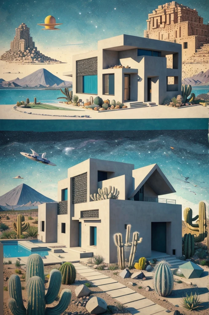 An illustration, collage style, David Hockney visual style, (((Luis Barragán's architectural style houses in middle of a lake))), big boulders, little cascade, mountains, volcanos, volcanic landscape, pool, stairs, beautiful gardens, abundant vegetation, cacti, agave, big clouds, sunset. Magazine cover, serif tipography, editorial design, masterpiece, An illustration in collage style, con rocas gigantes, Brutalist construction sections, escaleras, cactus, agave, textura de concreto, Multiple geometric shapes, hatch and cross hatching, planeta Saturno. ((masterpiece, best quality)),illustration,ultra detailed 8k. (((An illustration of a build designed by Luis Barragán))), with a desertic vegetation garden, (big rocks), ((cacti)), lake, volcano in horizon, smooth clouds, (((illustration collage format))), ((Escher's art style)), (((multiple sections))), (violet, blue, olive green, grey, black and white), hard shadows, (((geometric sculptures))), concrete sculptures, high contrast, dramatic, cinematographic, ((milky way galaxy)), intricate, intricate details, sharp focus,landscape