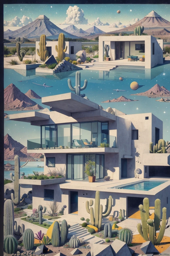 An illustration, collage style, David Hockney visual style, (((Luis Barragán's architectural style houses in middle of a lake))), big boulders, little cascade, mountains, volcanos, volcanic landscape, pool, stairs, beautiful gardens, abundant vegetation, cacti, agave, big clouds, sunset. Magazine cover, serif tipography, editorial design, masterpiece, An illustration in collage style, con rocas gigantes, Brutalist construction sections, escaleras, cactus, agave, textura de concreto, Multiple geometric shapes, hatch and cross hatching, planeta Saturno. ((masterpiece, best quality)),illustration,ultra detailed 8k. (((An illustration of a build designed by Luis Barragán))), with a desertic vegetation garden, (big rocks), ((cacti)), lake, volcano in horizon, smooth clouds, (((illustration collage format))), ((Escher's art style)), (((multiple sections))), (violet, blue, olive green, grey, black and white), hard shadows, (((geometric sculptures))), concrete sculptures, high contrast, dramatic, cinematographic, ((milky way galaxy)), intricate, intricate details, sharp focus,landscape