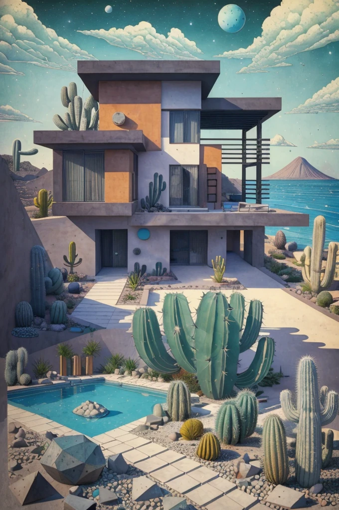 An illustration, collage style, David Hockney visual style, (((Luis Barragán's architectural style houses in middle of a lake))), big boulders, little cascade, mountains, volcanos, volcanic landscape, pool, stairs, beautiful gardens, abundant vegetation, cacti, agave, big clouds, sunset. Magazine cover, serif tipography, editorial design, masterpiece, An illustration in collage style, con rocas gigantes, Brutalist construction sections, escaleras, cactus, agave, textura de concreto, Multiple geometric shapes, hatch and cross hatching, planeta Saturno. ((masterpiece, best quality)),illustration,ultra detailed 8k. (((An illustration of a build designed by Luis Barragán))), with a desertic vegetation garden, (big rocks), ((cacti)), lake, volcano in horizon, smooth clouds, (((illustration collage format))), ((Escher's art style)), (((multiple sections))), (violet, blue, olive green, grey, black and white), hard shadows, (((geometric sculptures))), concrete sculptures, high contrast, dramatic, cinematographic, ((milky way galaxy)), intricate, intricate details, sharp focus,landscape